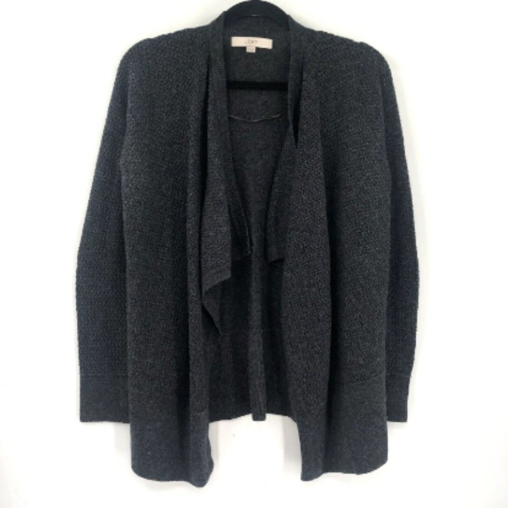 LOFT Cardigan Sweater Waterfall Open Front Grey Knit Waffle M Wool Blend Cozy